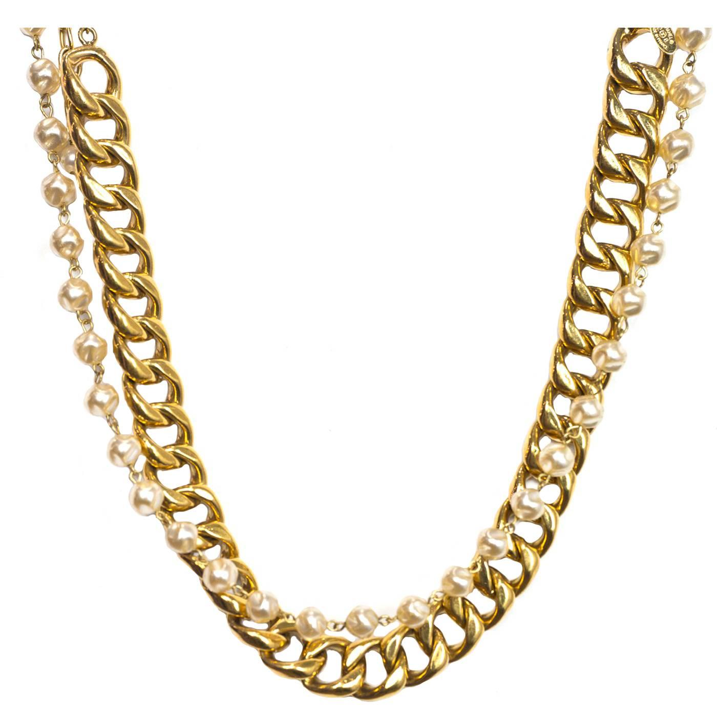 Chanel Vintage '88 Gold Chain Link & Small Pearl Choker Necklace