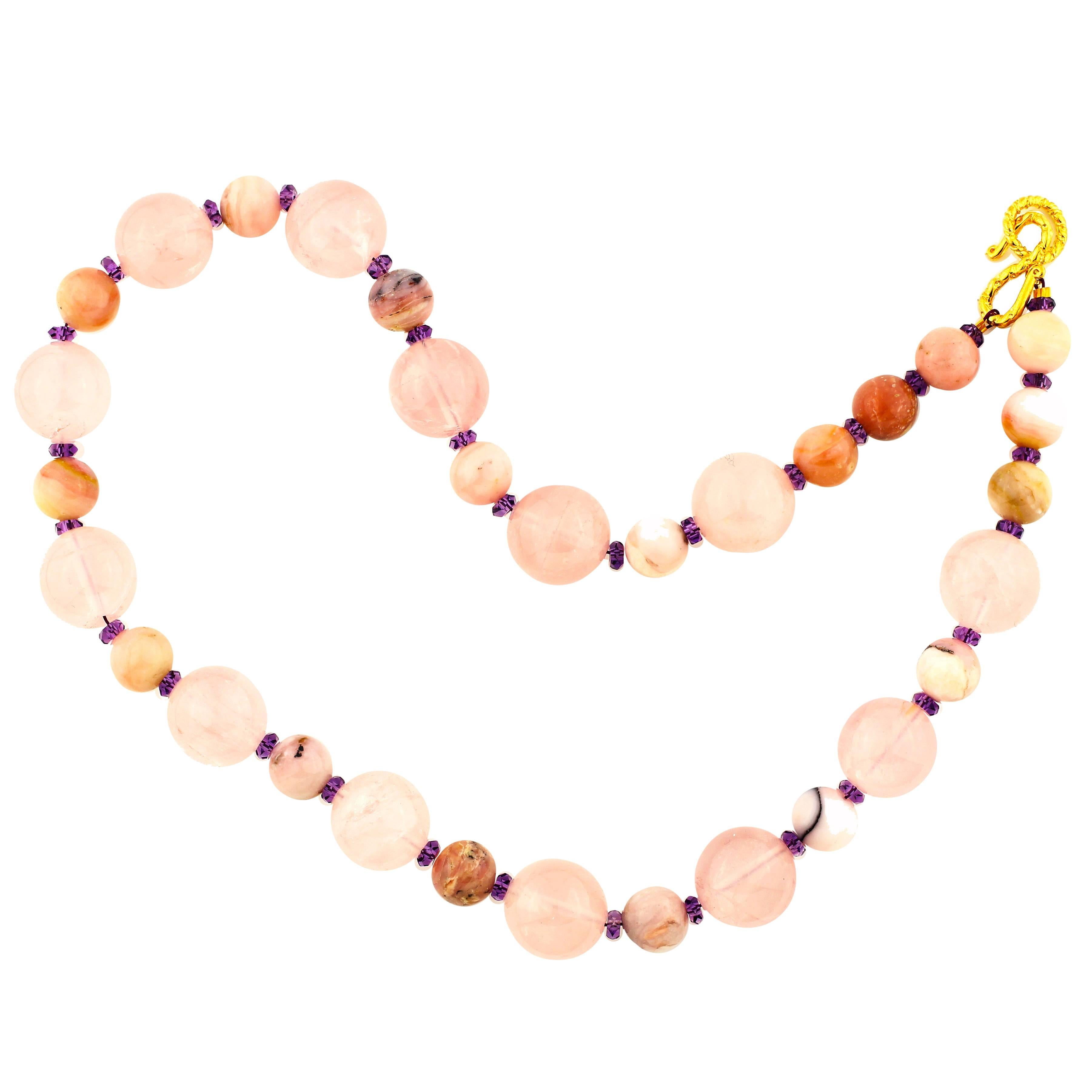 Gemjunky Elegant Glowing Pink Opal, Rose Quartz & Bright Amethyst 19" Necklace