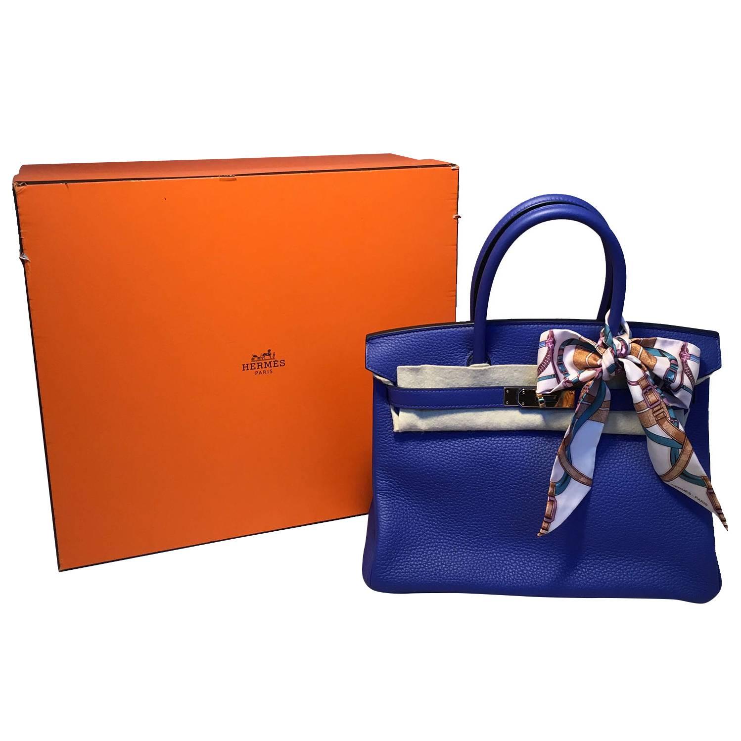 STUNNING NEW Hermes Blue electric Clemence Leather 30cm GHW Birkin Bag in excellent like new condition. blue electric limited edition clemence leather exterior trimmed with shinning gold hardware. Signature double strap twist top closure opens to a