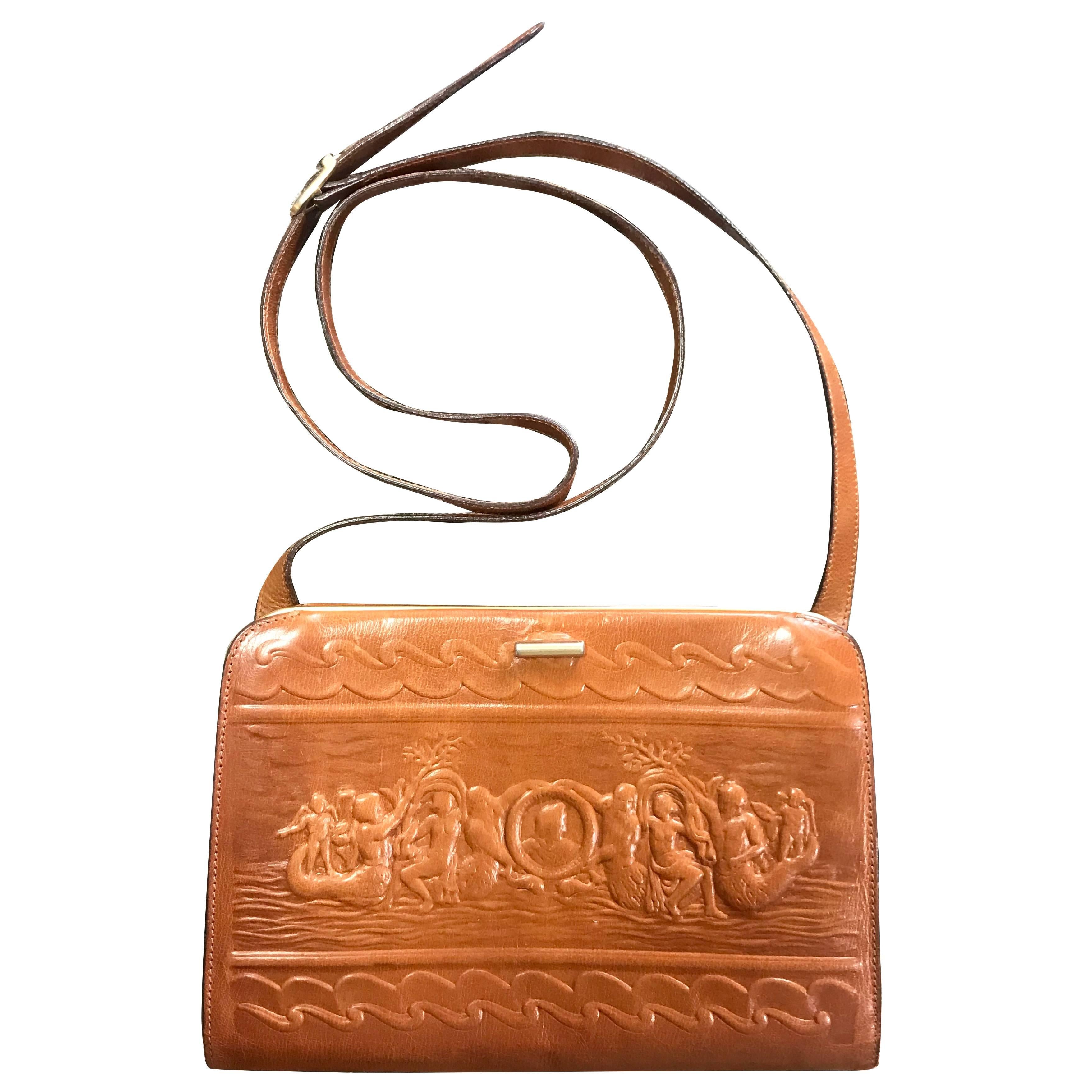 Fendi Vintage brown leather shoulder bag / large clutch purse with embossed art For Sale
