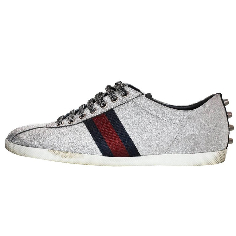 Gucci Men's Silver Glitter and Web Sneakers Sz 9 with Box, DB For Sale ...