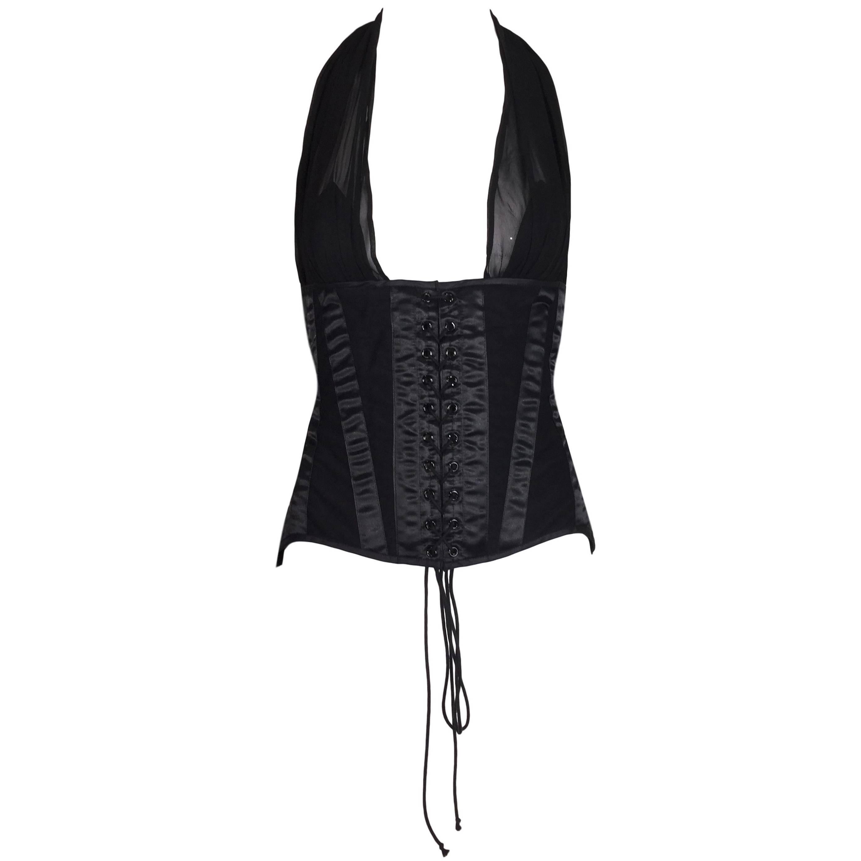 S/S 1995 Dolce & Gabbana Sheer Black Silk Plunging Corset Bustier Top
