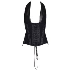 Vintage S/S 1995 Dolce & Gabbana Sheer Black Silk Plunging Corset Bustier Top