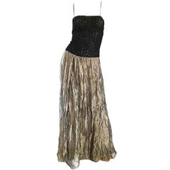 Retro Morgane Le Fay 1990s Black + Gold Metallic Ombre 90s Evening Gown Dress