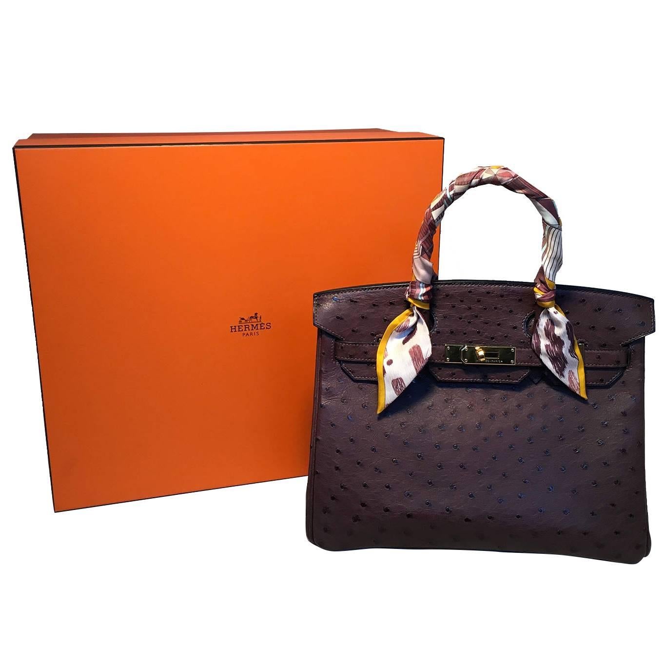  Hermes 30cm Marron Fonce Brown Ostrich Birkin Bag with Gold Hardware  No Reserve