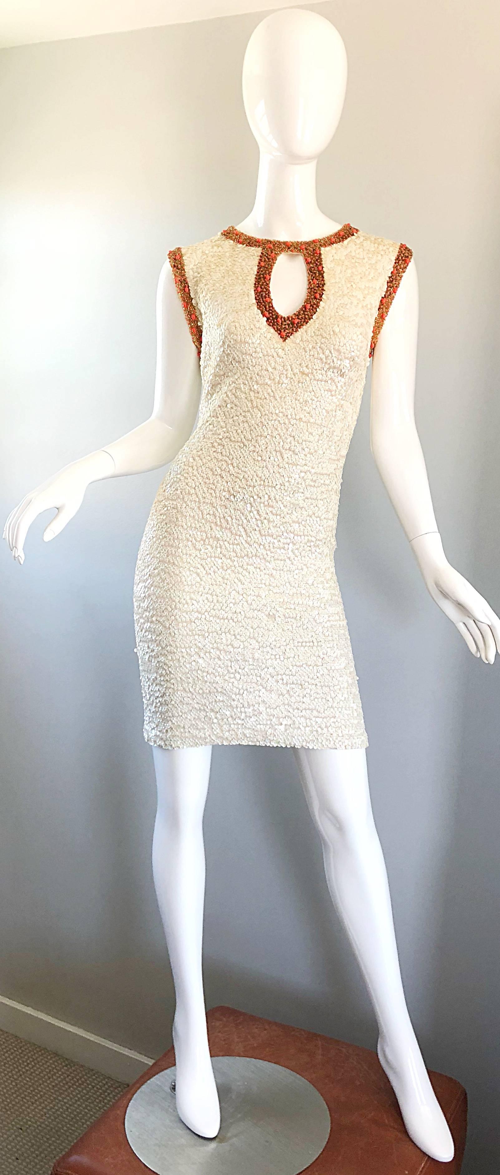 Beige 1950s Chez Royale Fully Sequined + Beaded Ivory and Coral Wool 50s Bodycon Dress