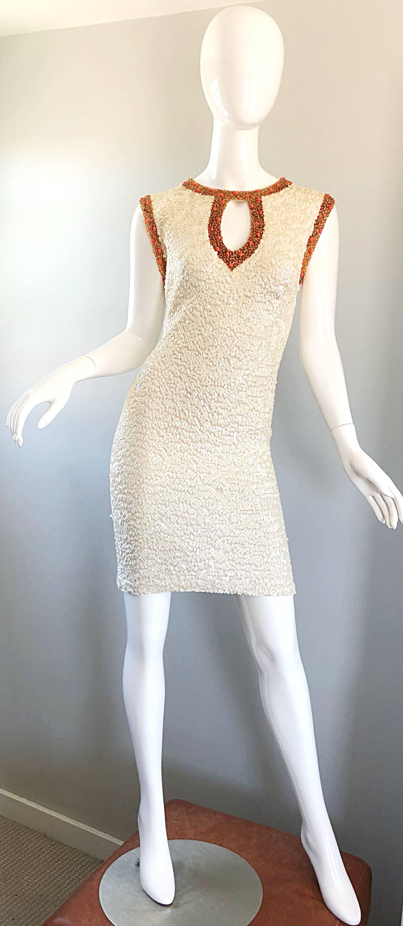 1950s Chez Royale Fully Sequined + Beaded Ivory and Coral Wool 50s Bodycon Dress In Excellent Condition In San Diego, CA