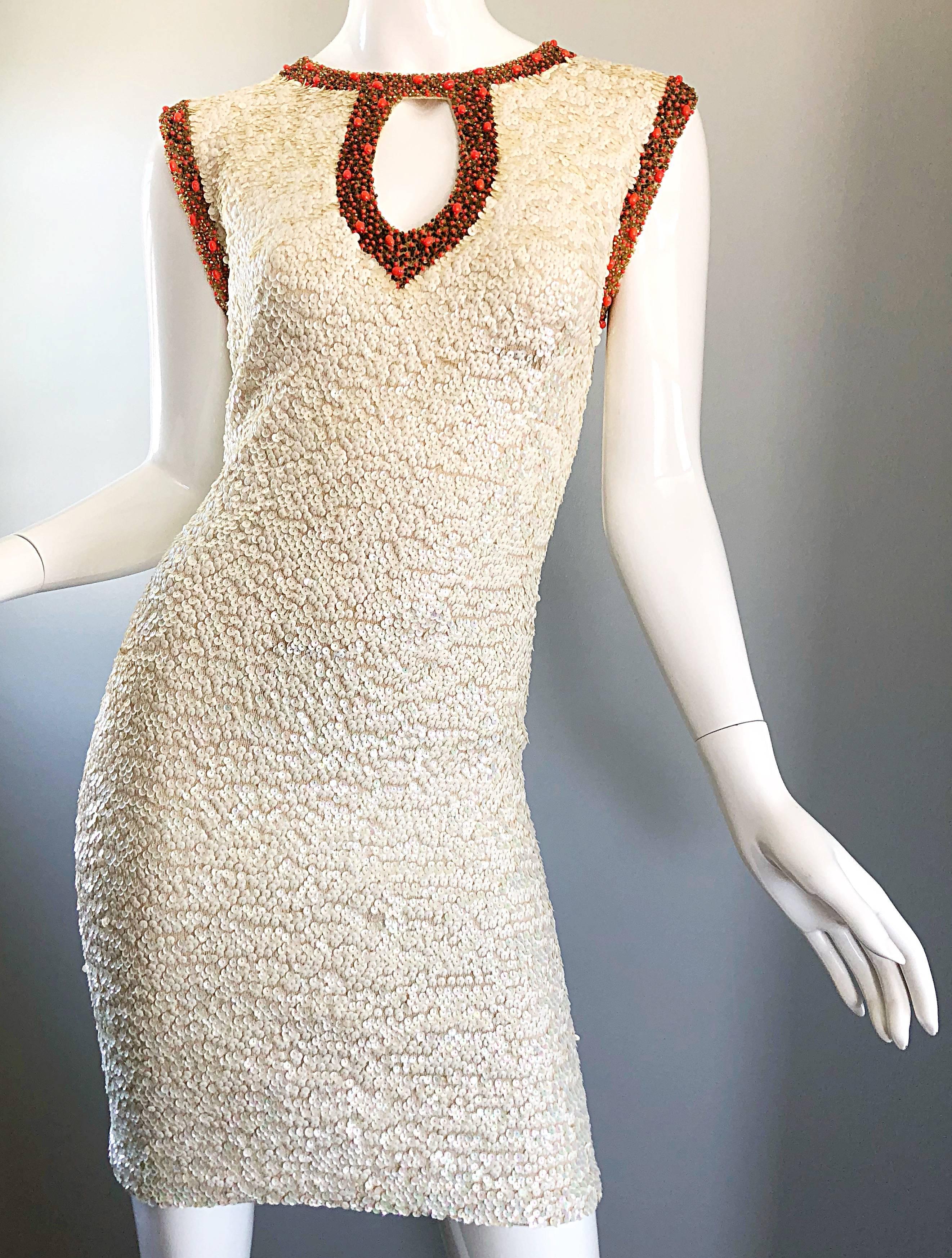 Women's 1950s Chez Royale Fully Sequined + Beaded Ivory and Coral Wool 50s Bodycon Dress