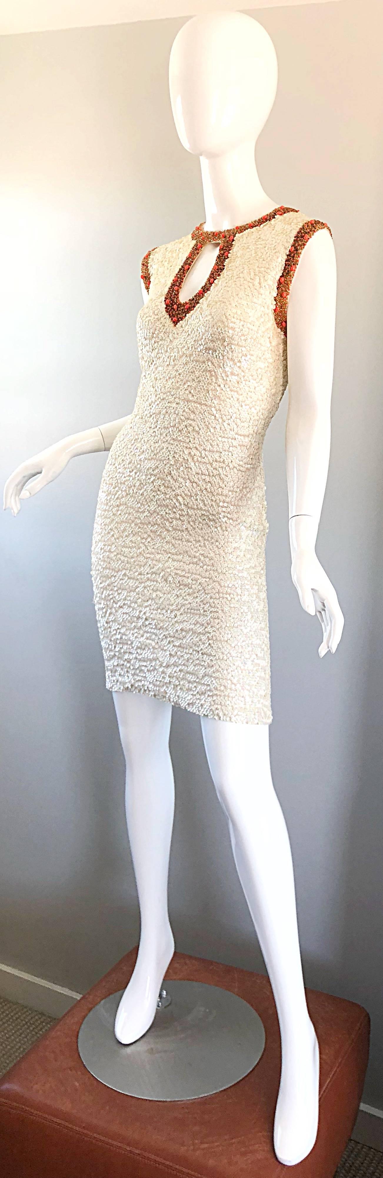 1950s Chez Royale Fully Sequined + Beaded Ivory and Coral Wool 50s Bodycon Dress 2