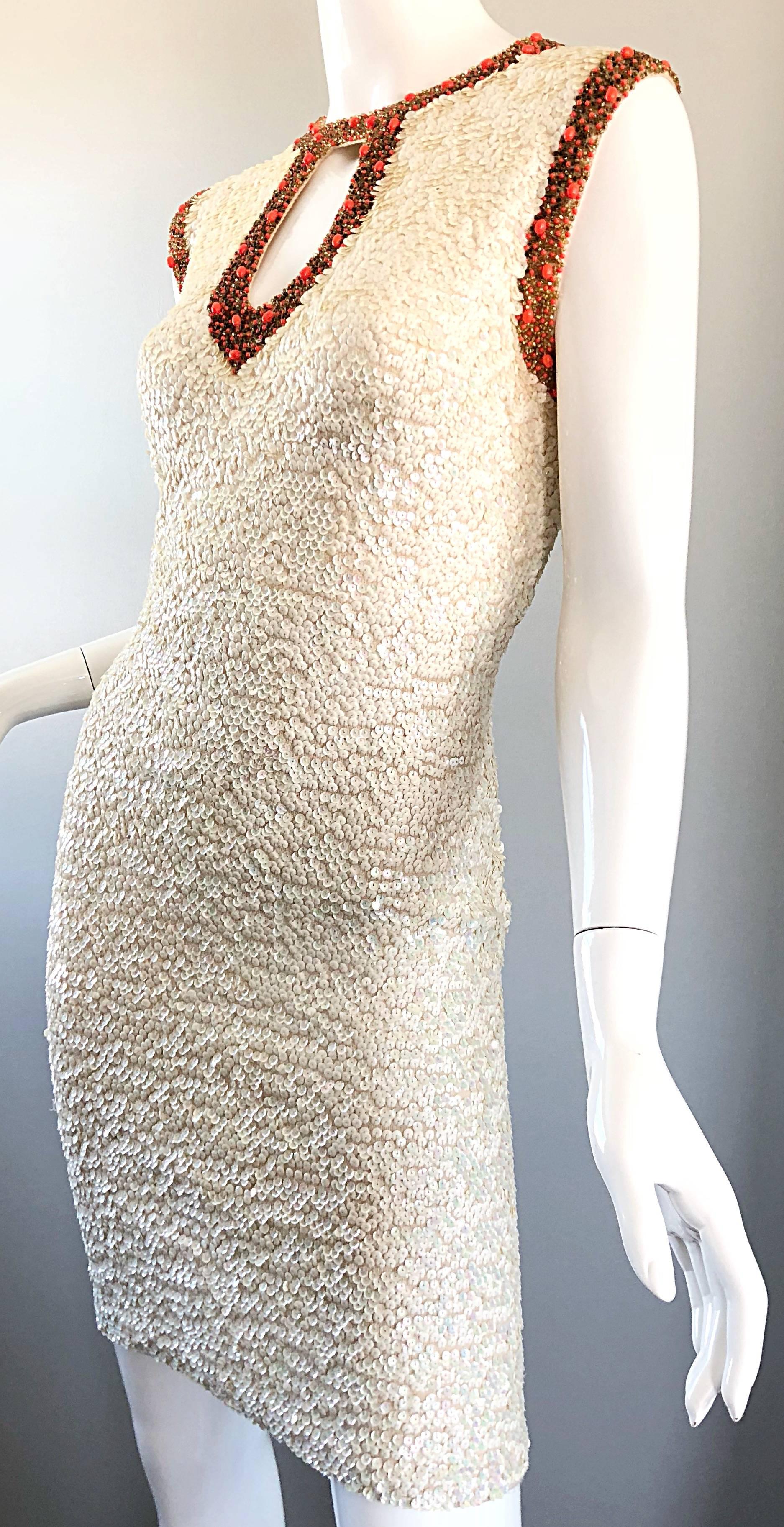 1950s Chez Royale Fully Sequined + Beaded Ivory and Coral Wool 50s Bodycon Dress 3