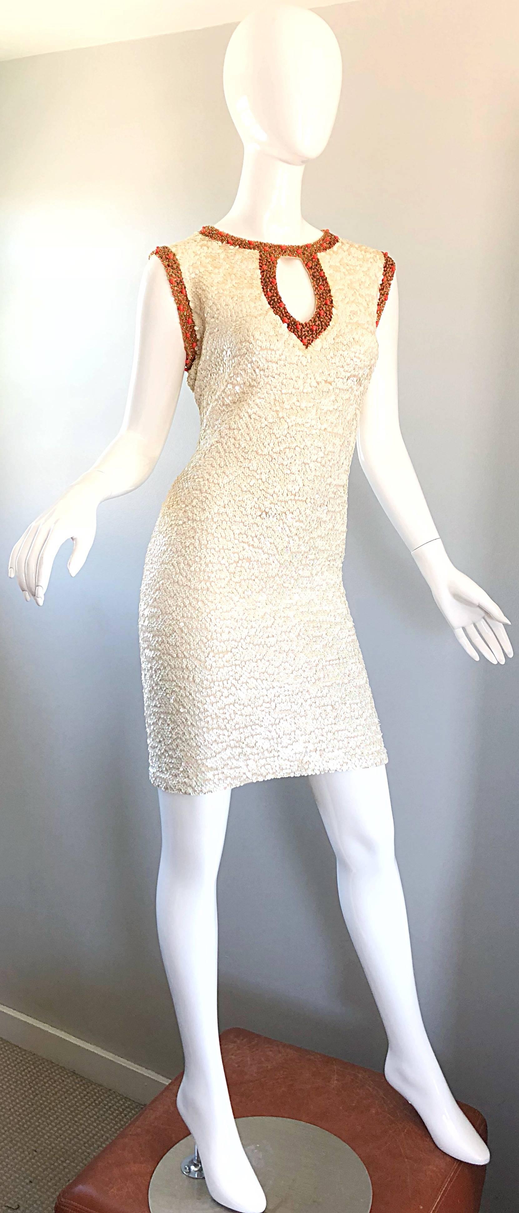 1950s Chez Royale Fully Sequined + Beaded Ivory and Coral Wool 50s Bodycon Dress 4