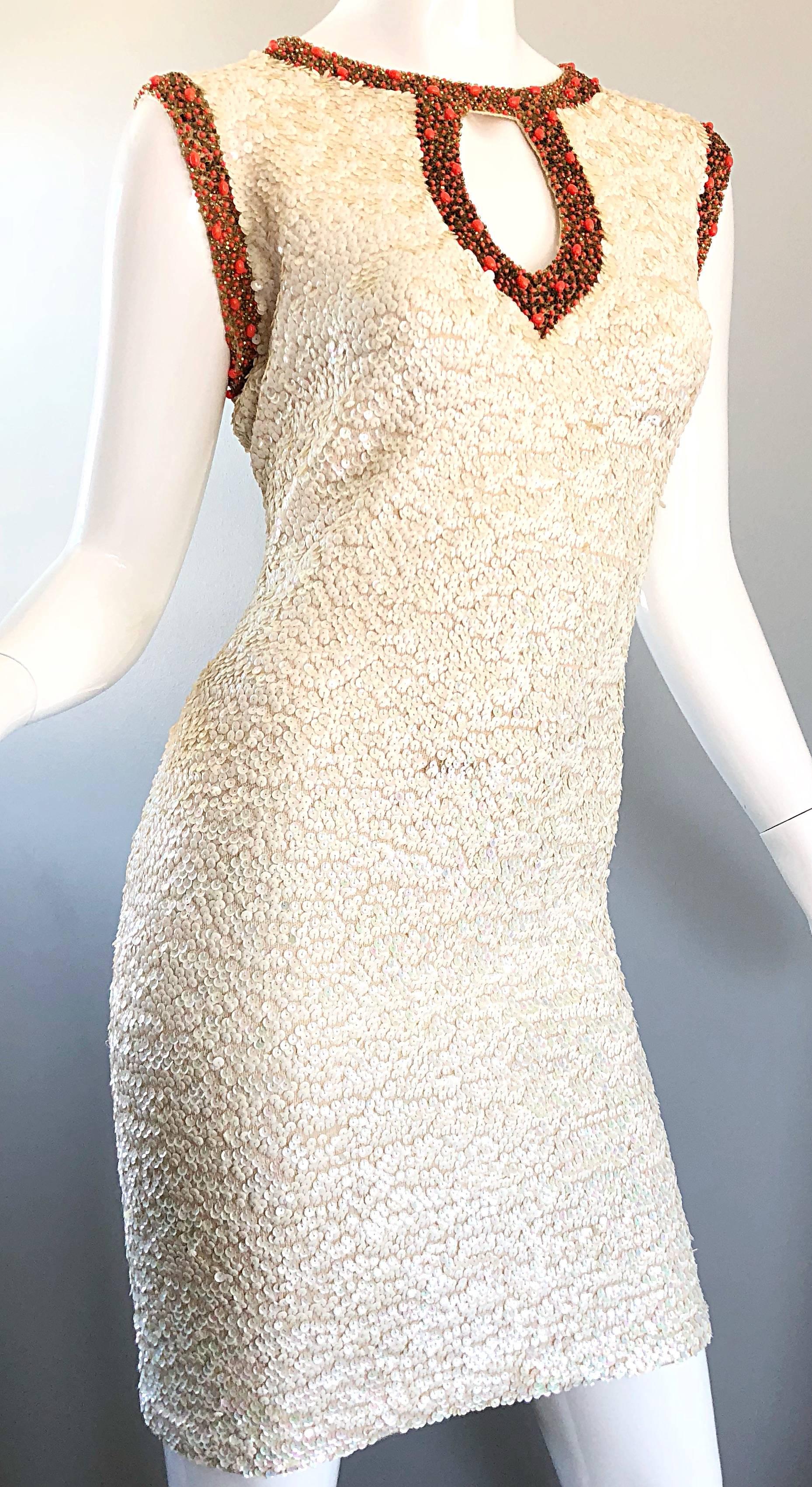 1950s Chez Royale Fully Sequined + Beaded Ivory and Coral Wool 50s Bodycon Dress 5