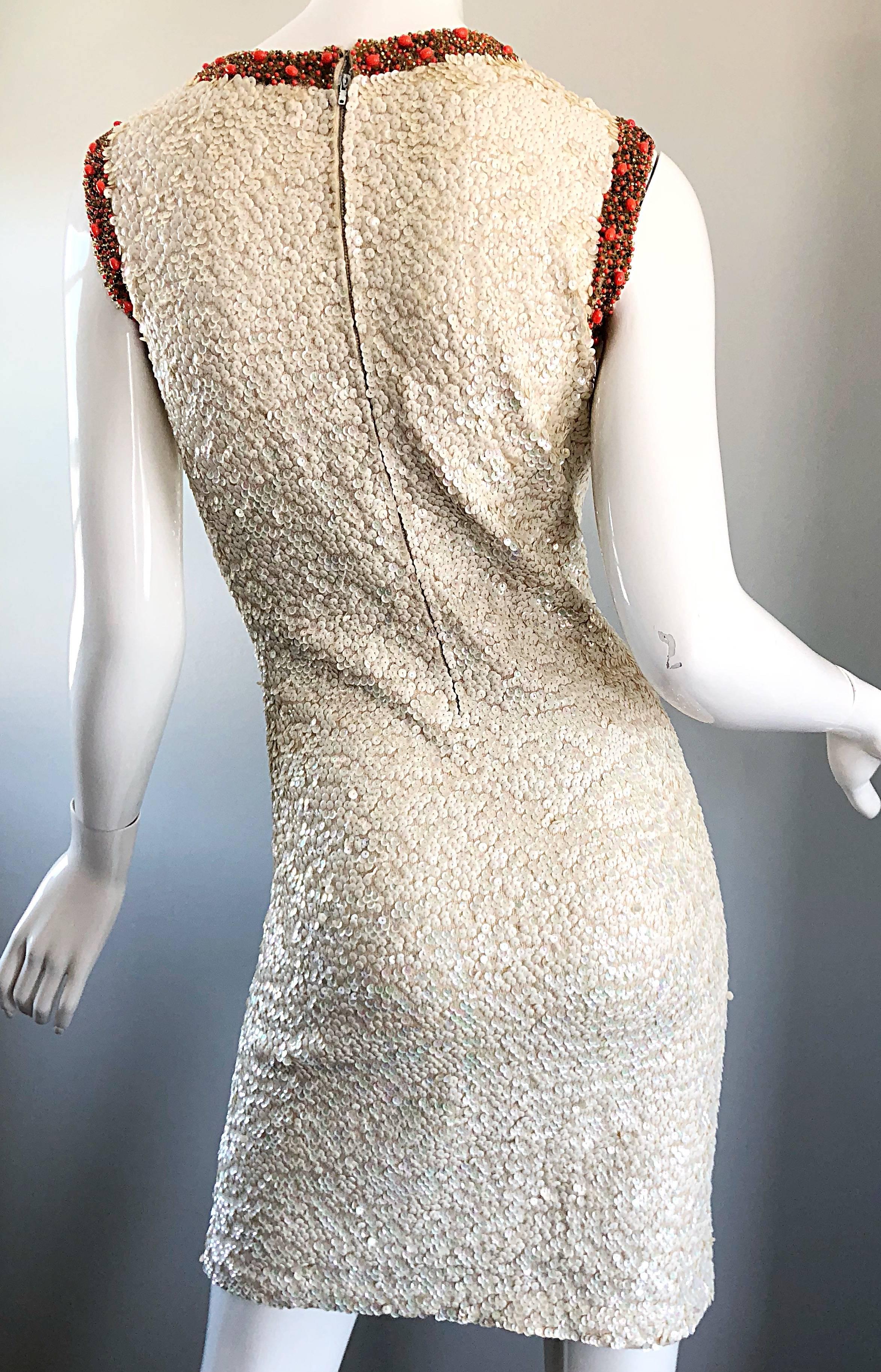 1950s Chez Royale Fully Sequined + Beaded Ivory and Coral Wool 50s Bodycon Dress 7