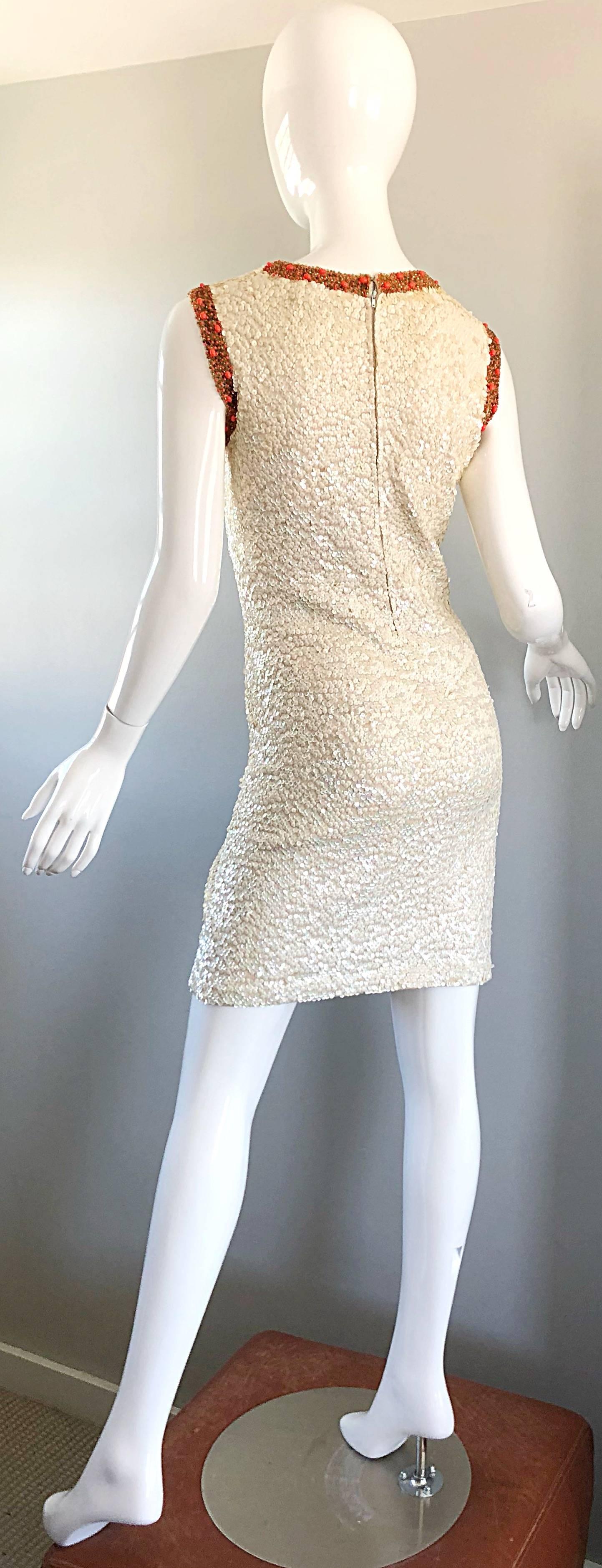 1950s Chez Royale Fully Sequined + Beaded Ivory and Coral Wool 50s Bodycon Dress 8
