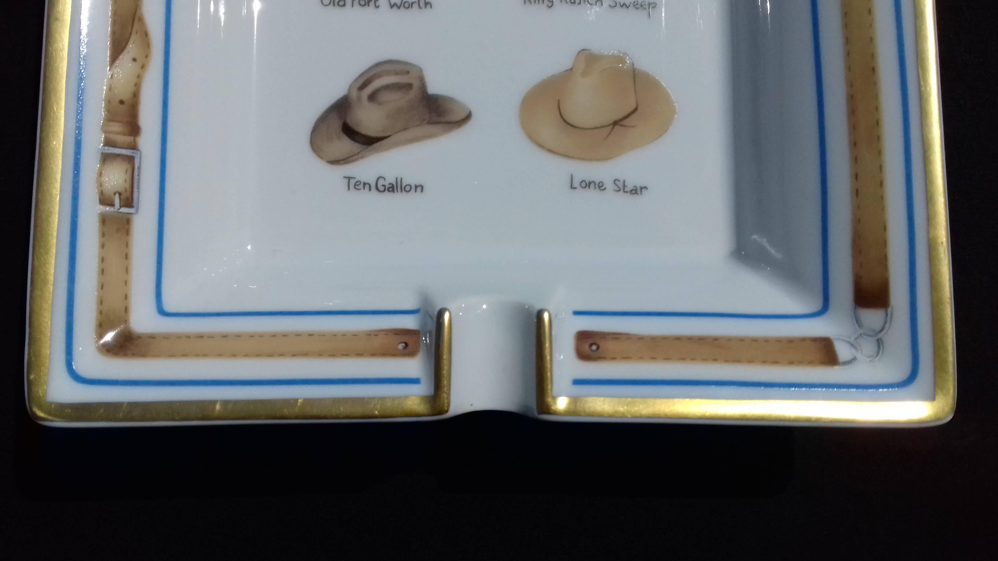 Women's or Men's Hermes Printed Porcelain Cigar Ashtray Change Tray Cowboy Hat Rodeo Texas 
