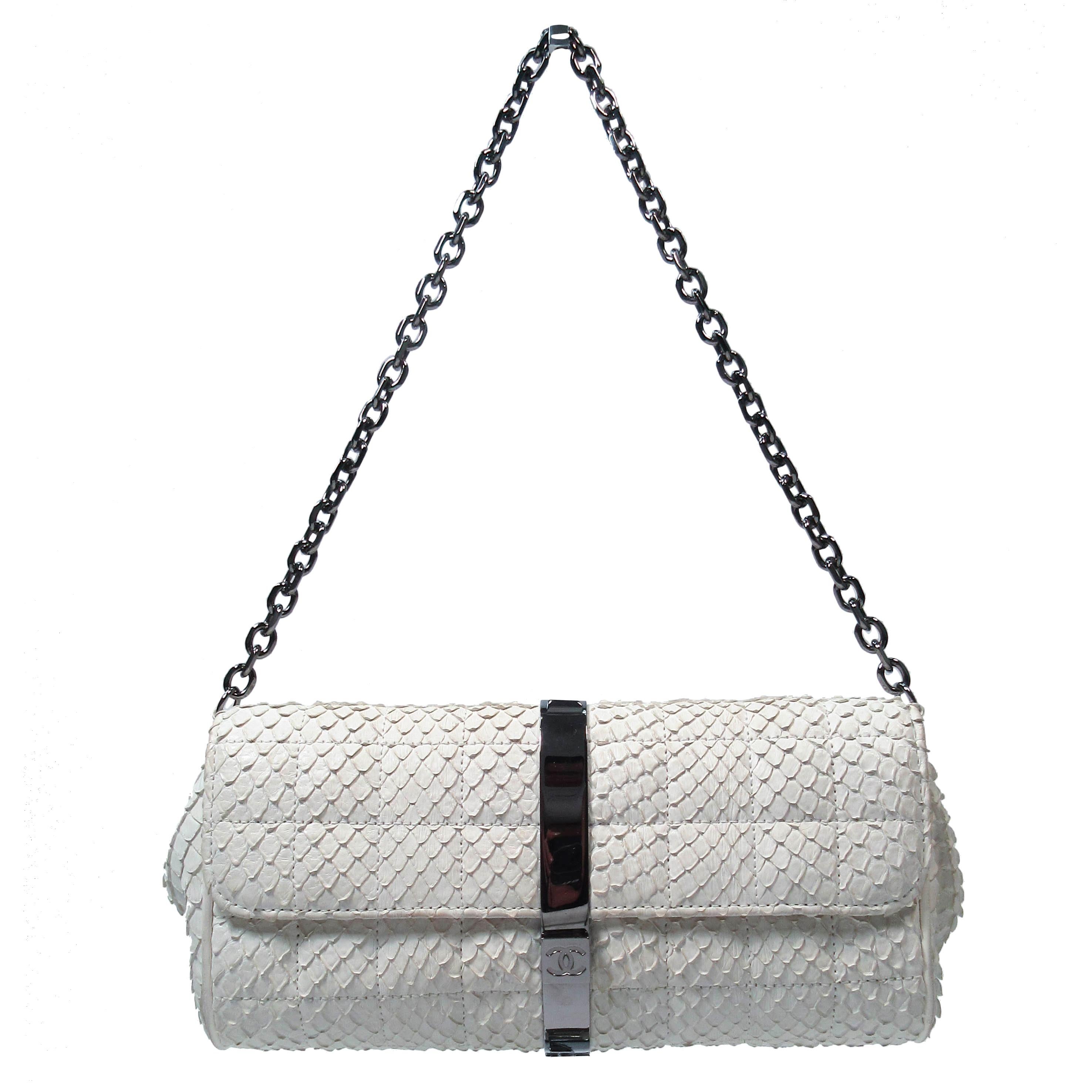 Chanel White Snakeskin Small Chain Clutch Purse with Silvertone Hardware