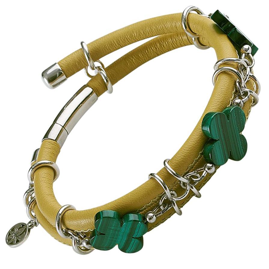 Rock Lily ( NEW ) Yellow Leather Bangle Bracelet With Malachite Clovers For Sale