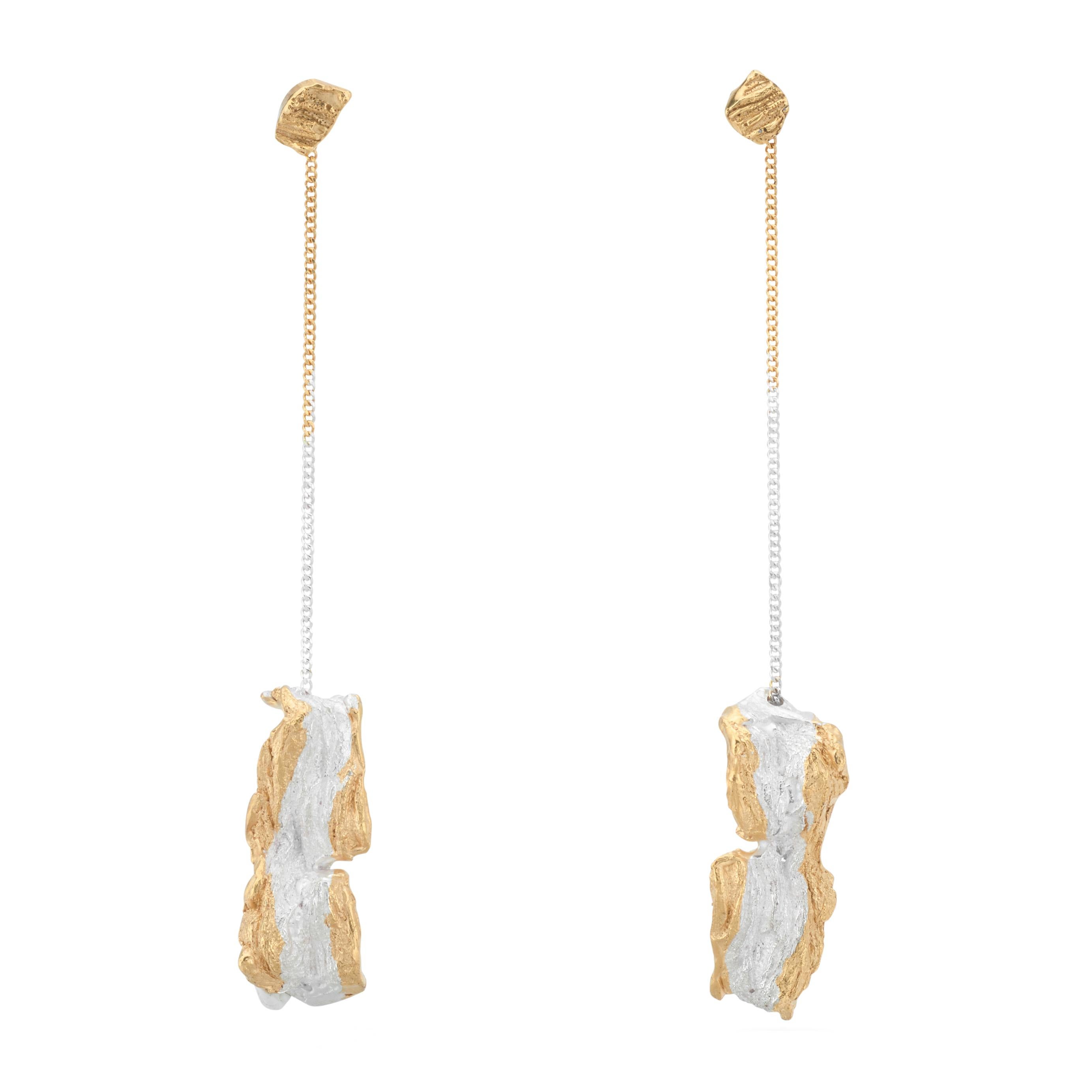Loveness Lee - Cascade - Gold and Silver Dangle Drop Textured Earrings For Sale