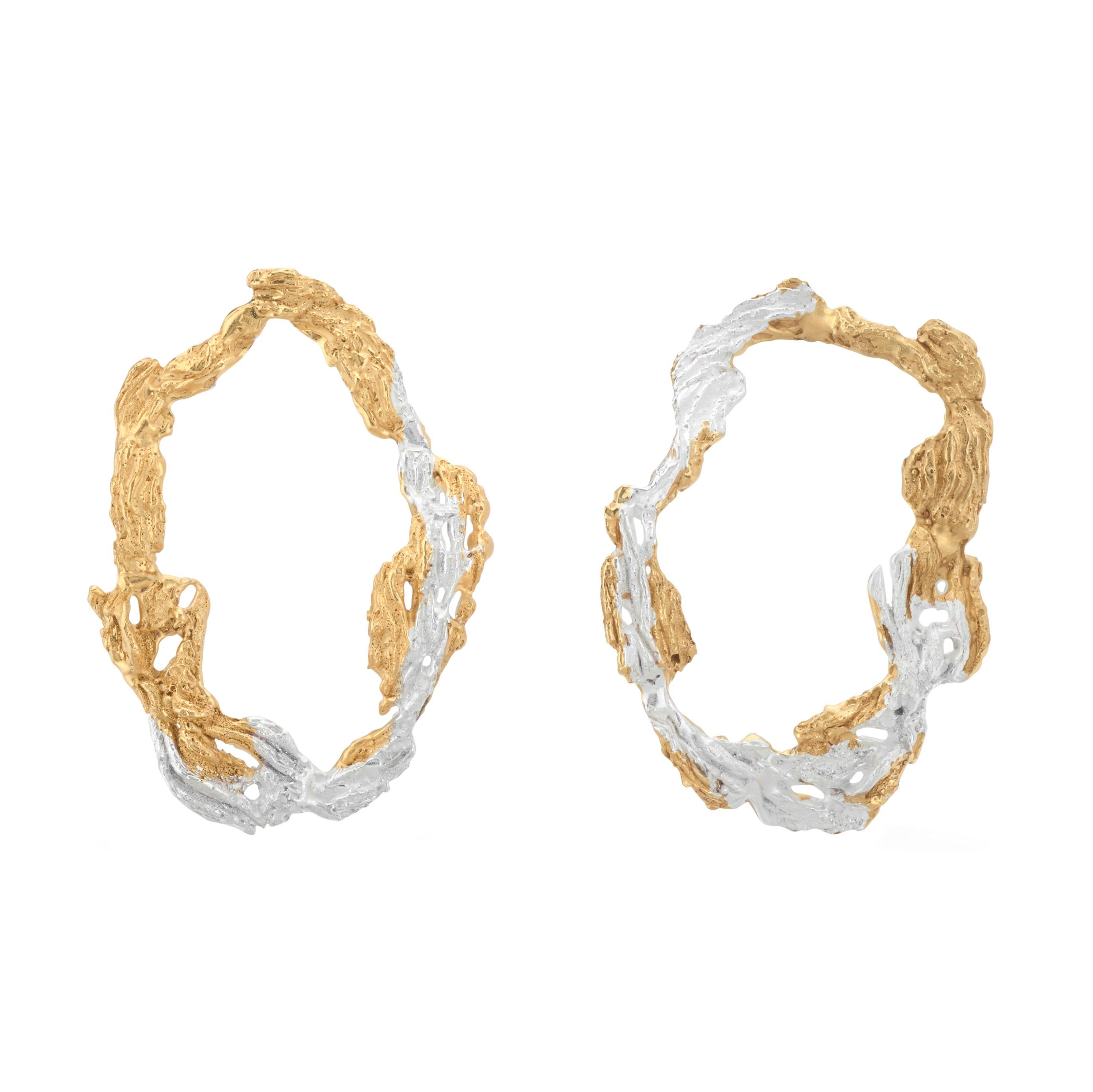 Loveness Lee - Dzovag - Natural Textured Gold and Silver Hoop Earrings For Sale