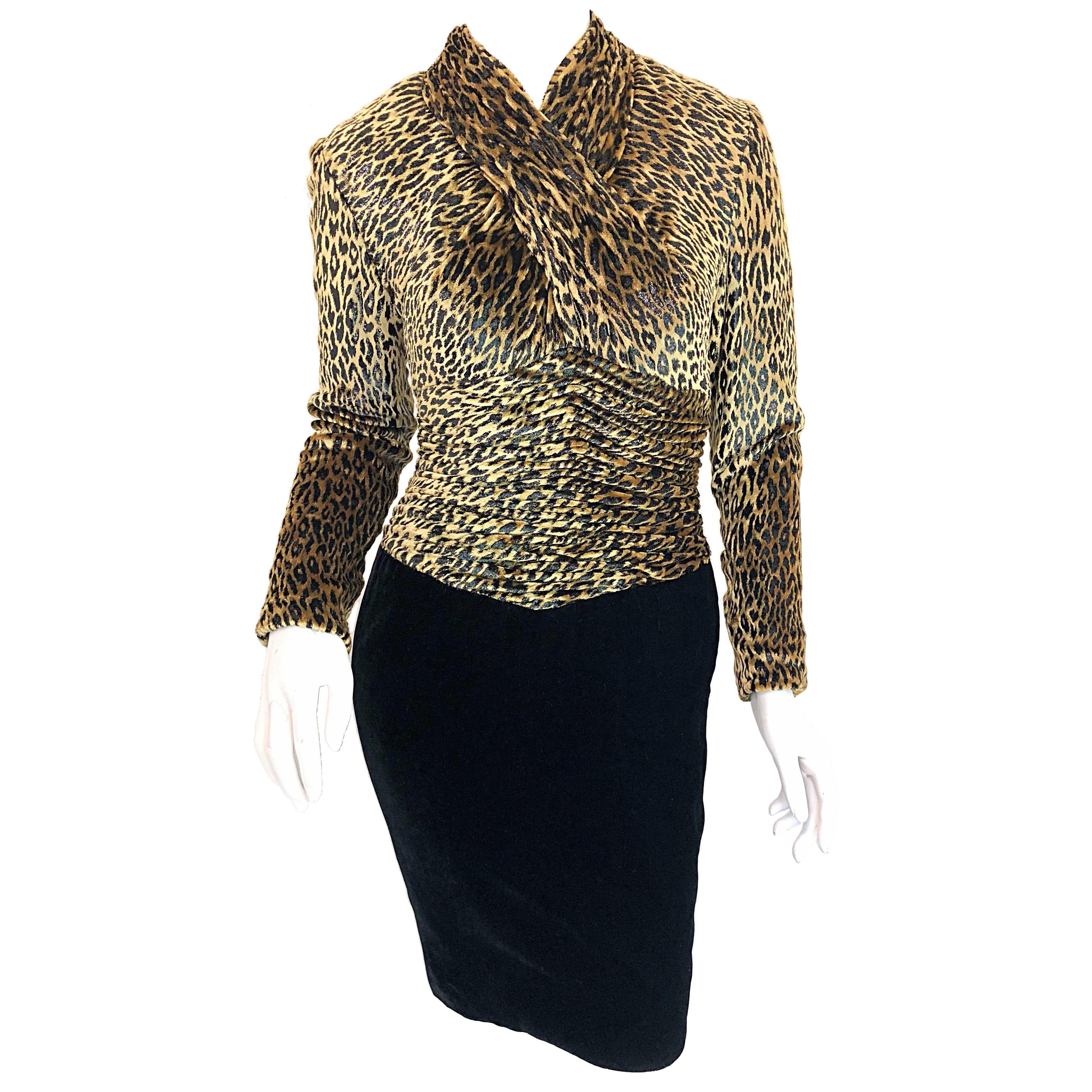 Vintage Vicky Tiel Couture Black Velvet Lurex Leopard Cheetah Print Mini Dress