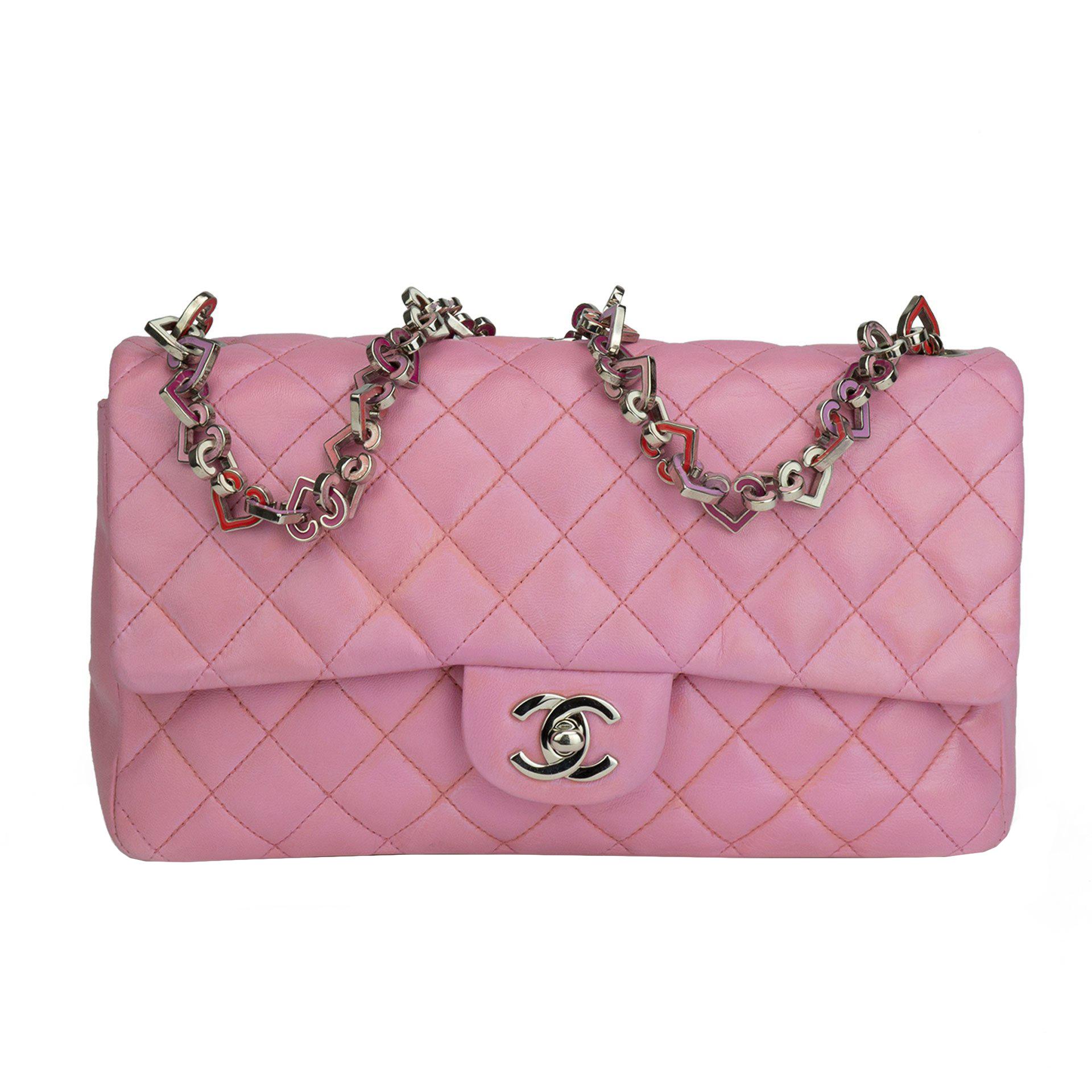 Chanel Limited Edition Valentines Rare Heart Charm Pink Classic Flap at  1stDibs