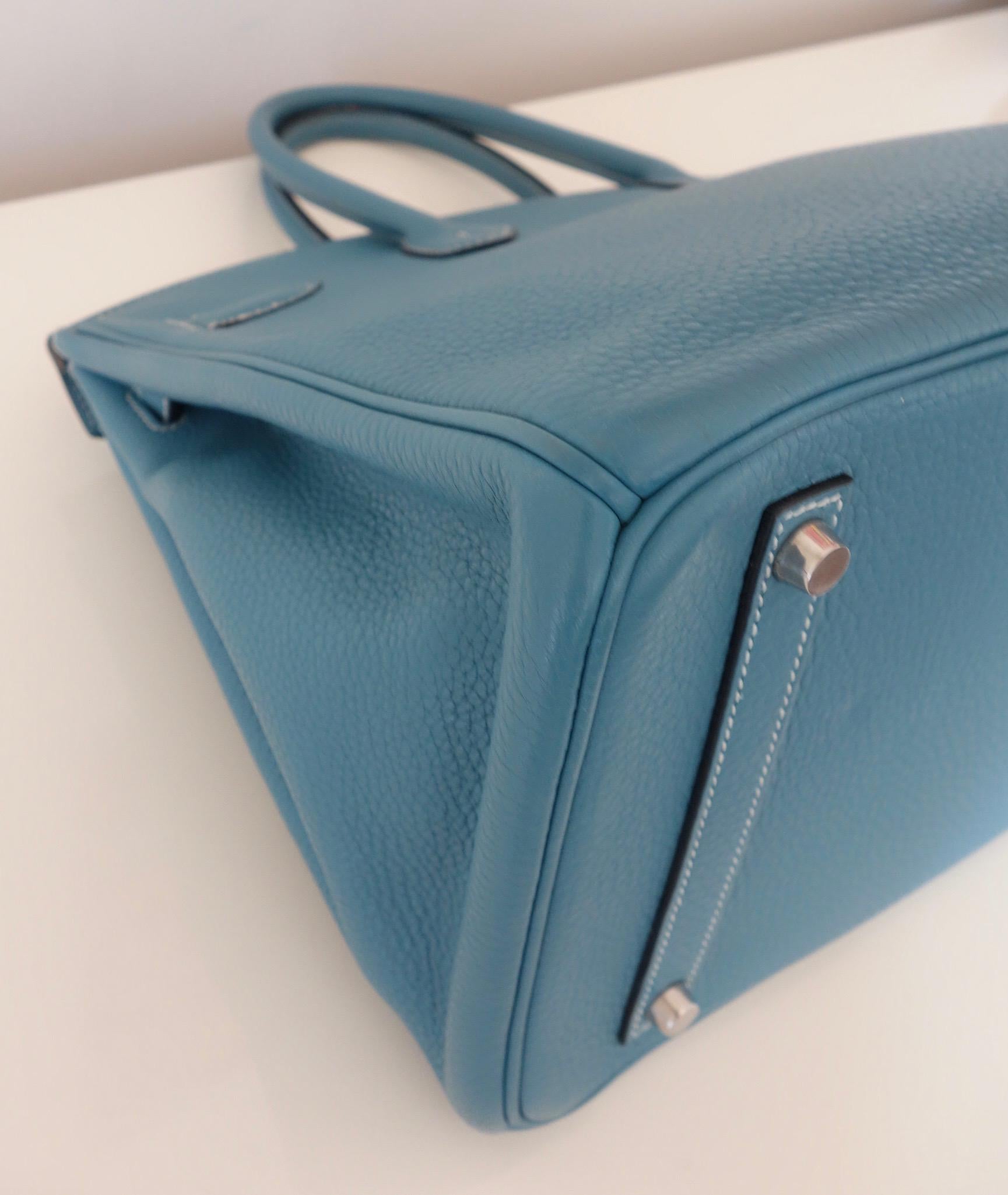 Hermès Taurillon Clemence Bleu Jean PHW 35 cm Birkin Top Handle Bag 12