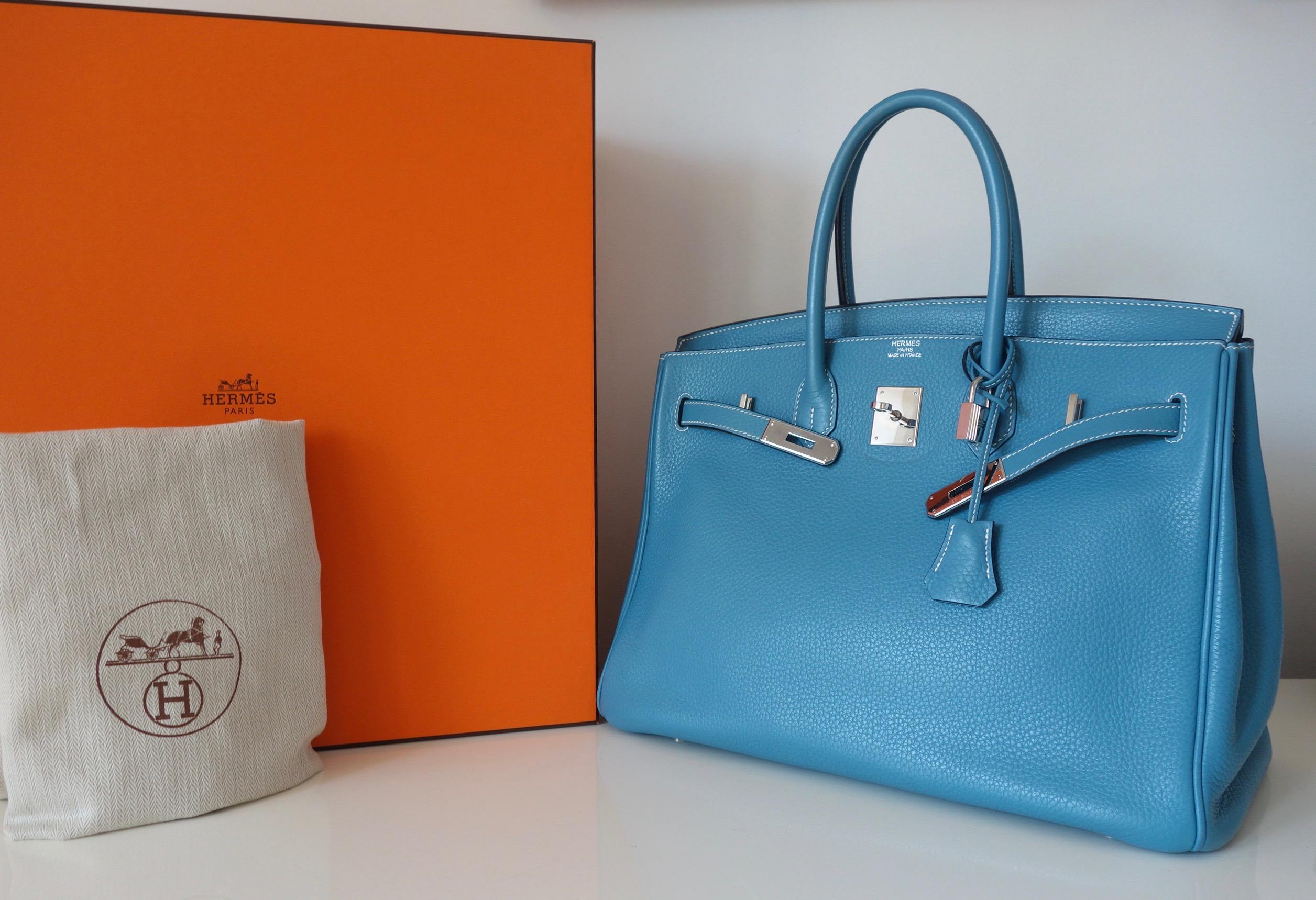 Hermès Taurillon Clemence Bleu Jean PHW 35 cm Birkin Top Handle Bag 14
