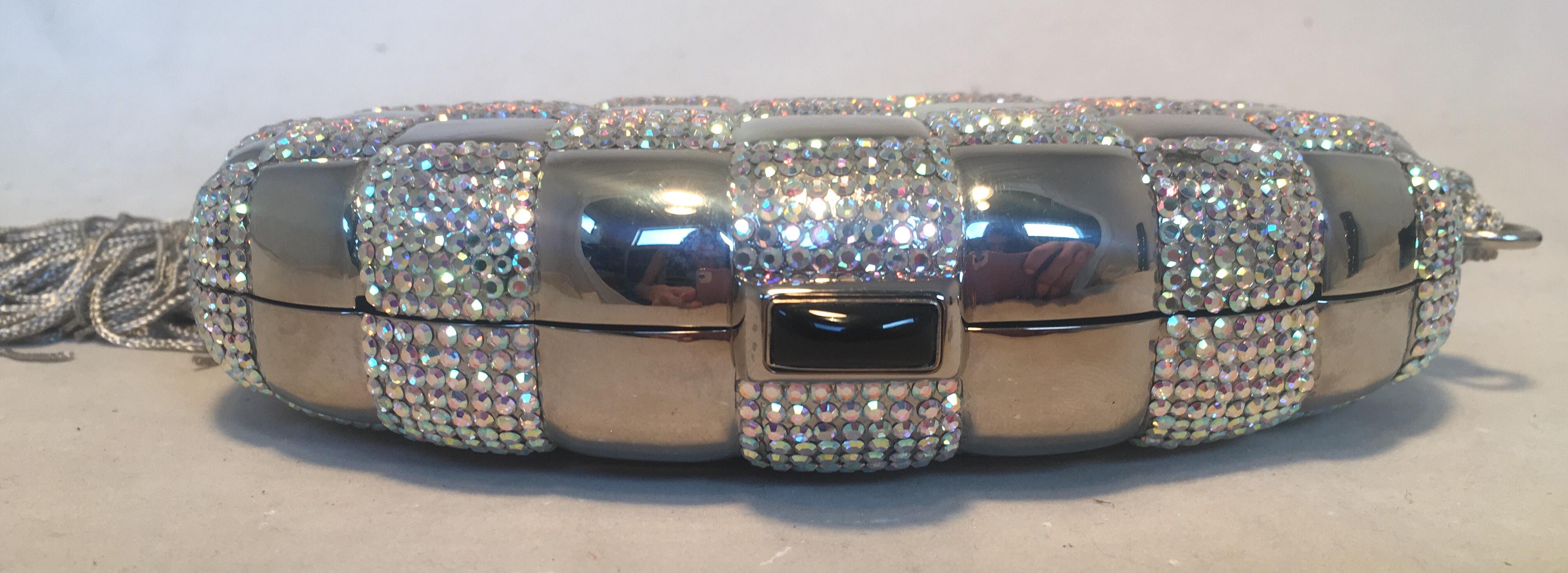 Judith Leiber Swarovski Crystal Checkered Grenade Minaudiere Evening Bag In Excellent Condition In Philadelphia, PA