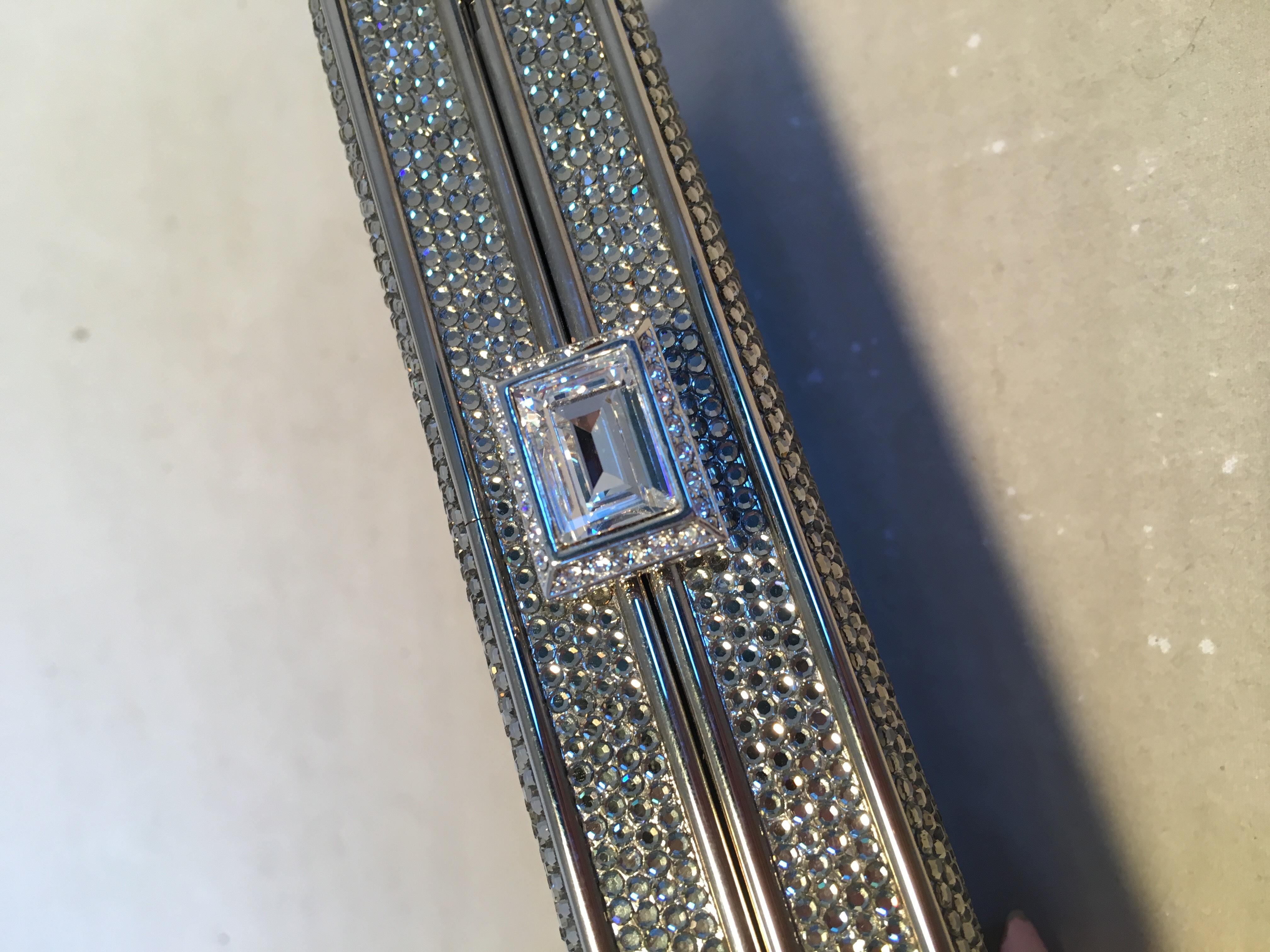 Judith Leiber Silver Swarovski Crystal Stripe Minaudiere Evening Bag Clutch 1