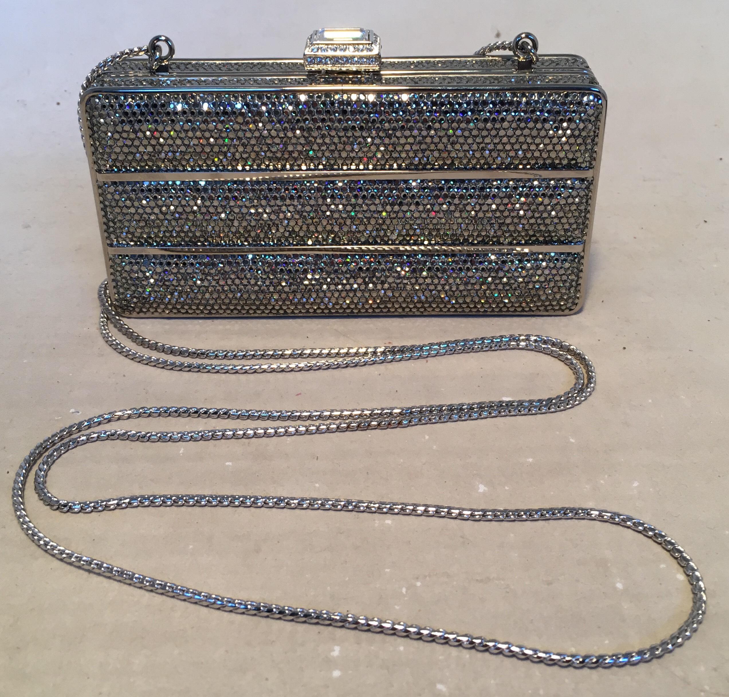 Judith Leiber Silver Swarovski Crystal Stripe Minaudiere Evening Bag Clutch 4