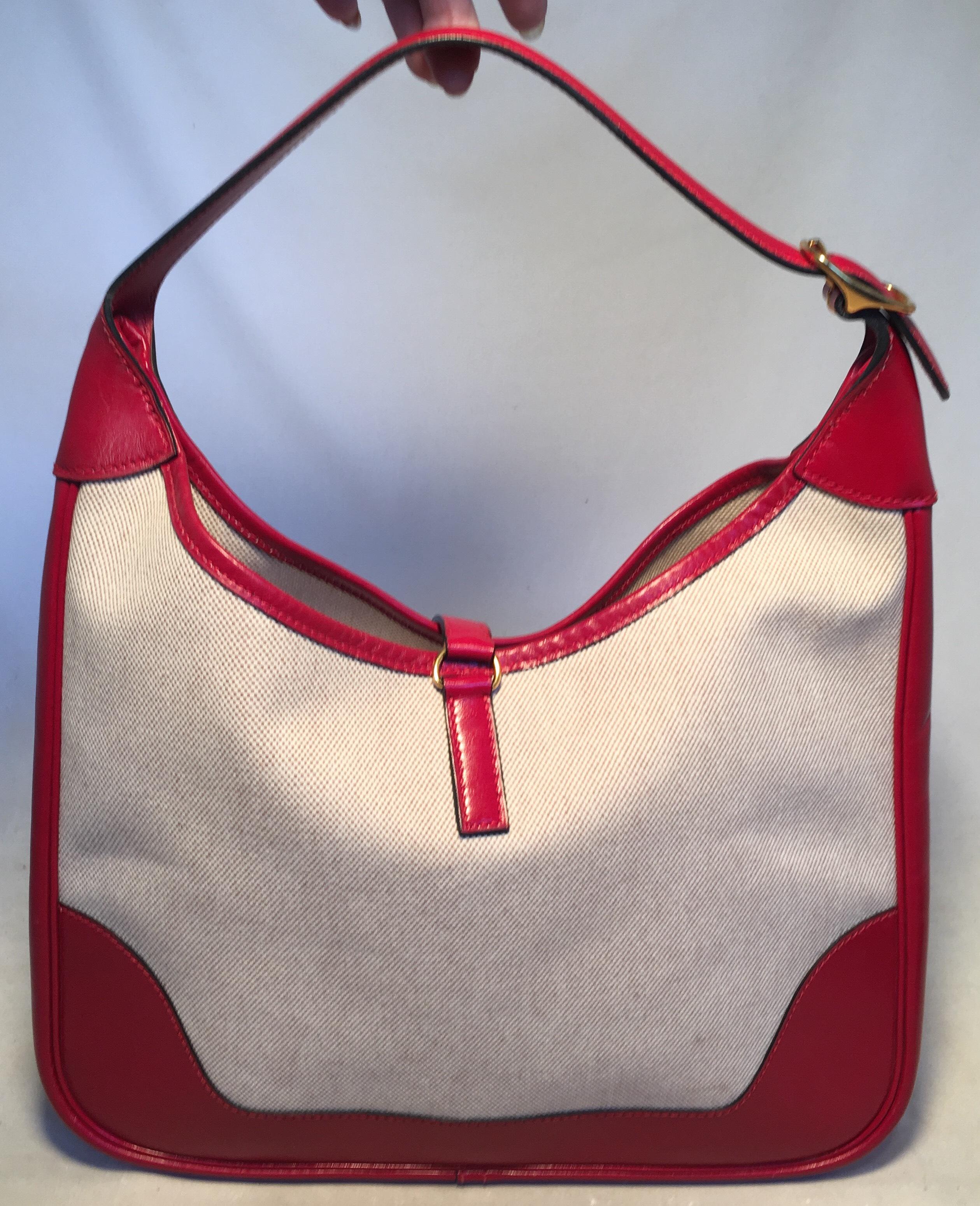 Beige Hermes vintage Canvas and Red Leather Trim Shoulder Bag