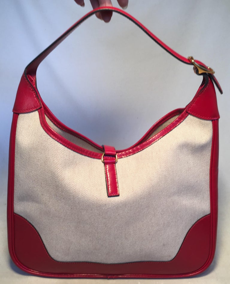 Hermes vintage Canvas and Red Leather Trim Shoulder Bag at 1stDibs