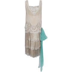 French Couture Beaded Fringe Chiffon Metallic Gold Lace Flapper Dress, 1920s 