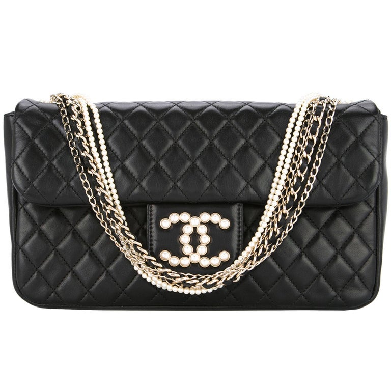 Chanel Black Lambskin Diamond Stitch Pearl Medium Classic Westminster