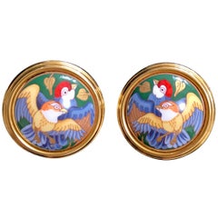 Vintage Hermes round shape cloisonne enamel golden earrings. Bird couple design.