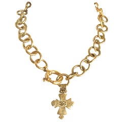 Chanel Vintage round chain statement necklace with cross pendant top and CC mark