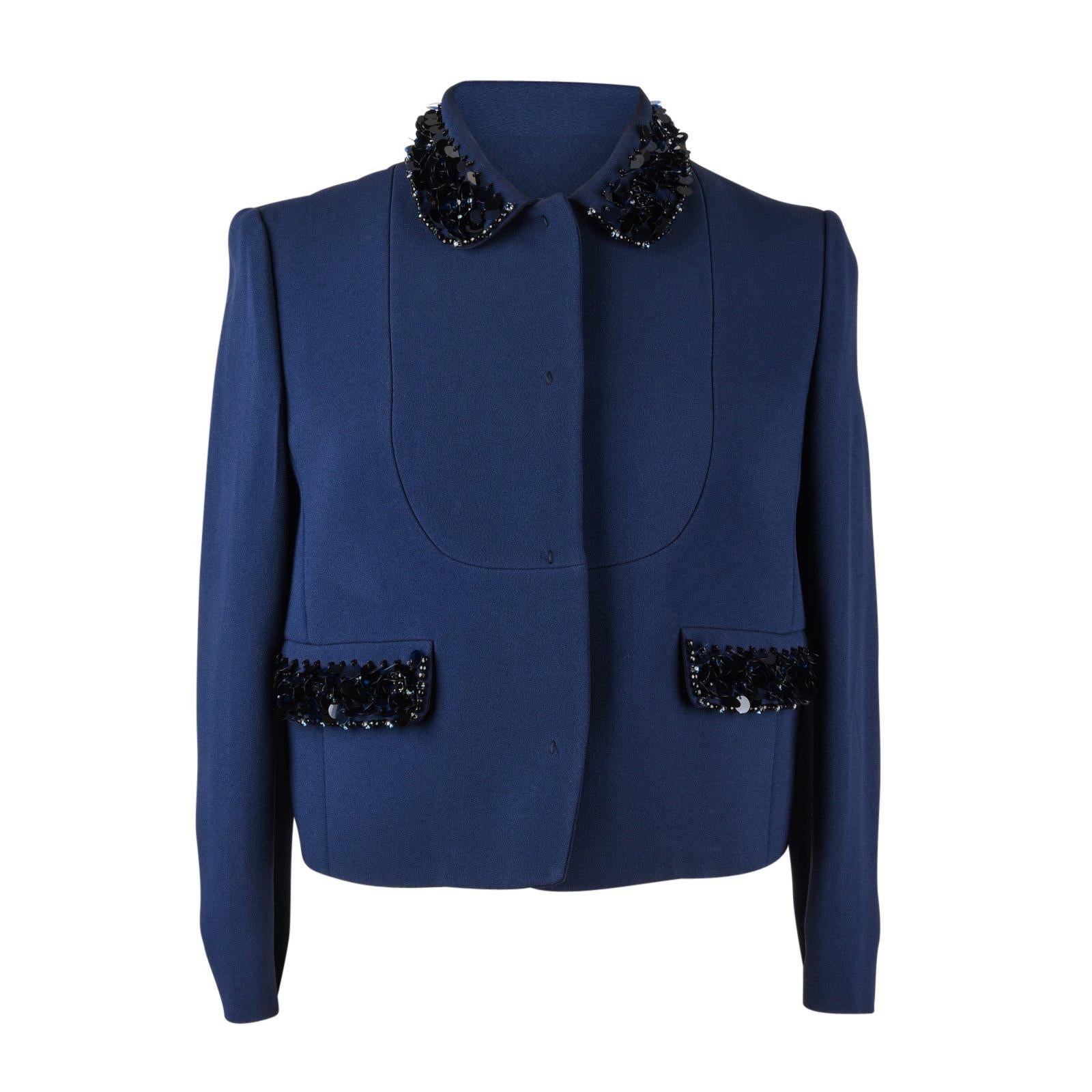 Miu Miu Jacket Navy Embellished Collar / Pockets 3/4 Sleeve 42