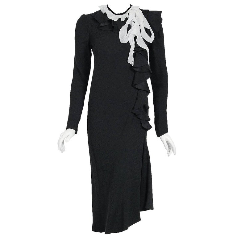 1980 Christian Dior Haute Couture Black Print Silk Deco Ruffle Bias-Cut ...