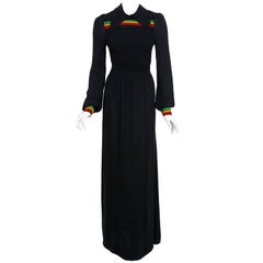 Vintage 1975 Ossie Clark for Radley Traffic-Light Stripe Black Crepe Smocked Maxi Dress 
