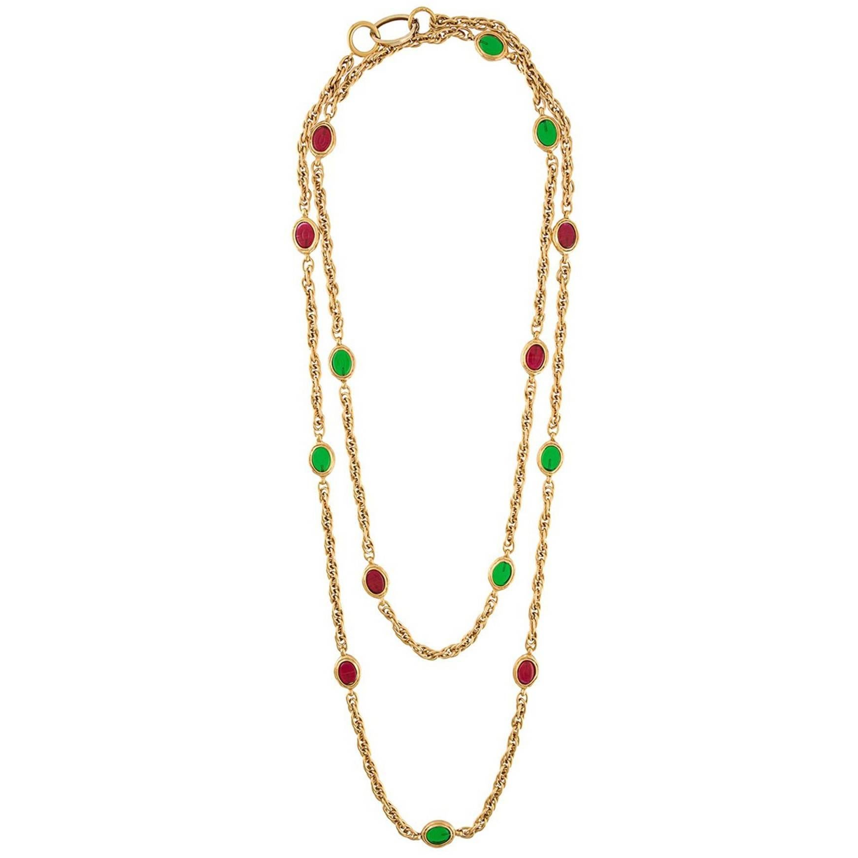 CHANEL Vintage '70s-'80s Red & Green Gripoix Gold Necklace