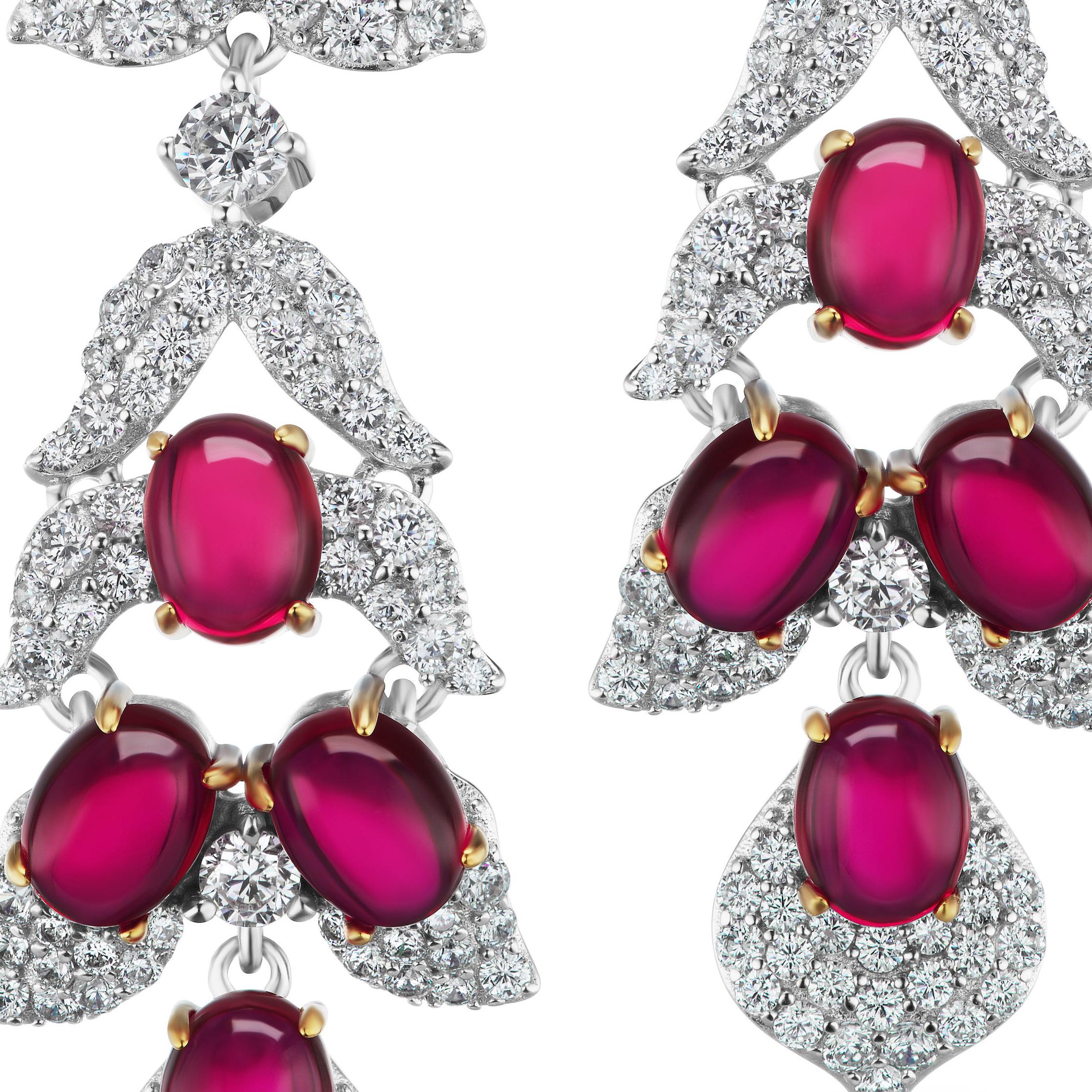 Faux Cabochon Ruby Pave Cubic Zirconia Sterling Earrings In New Condition In New York, NY