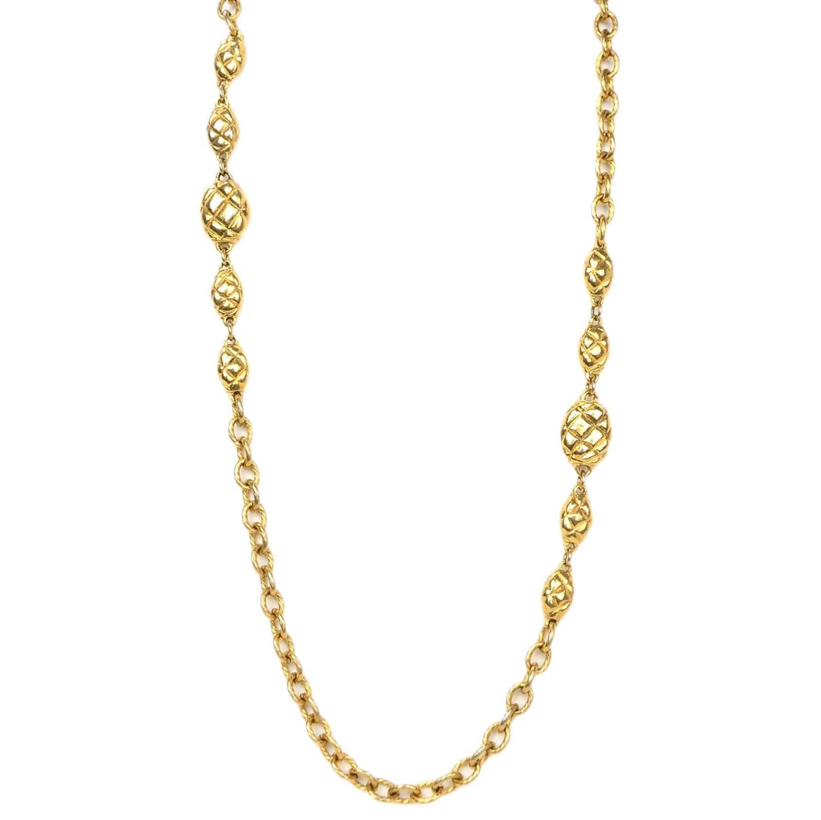 CHANEL Vintage Gold Quilted Pendant Long Strand Necklace