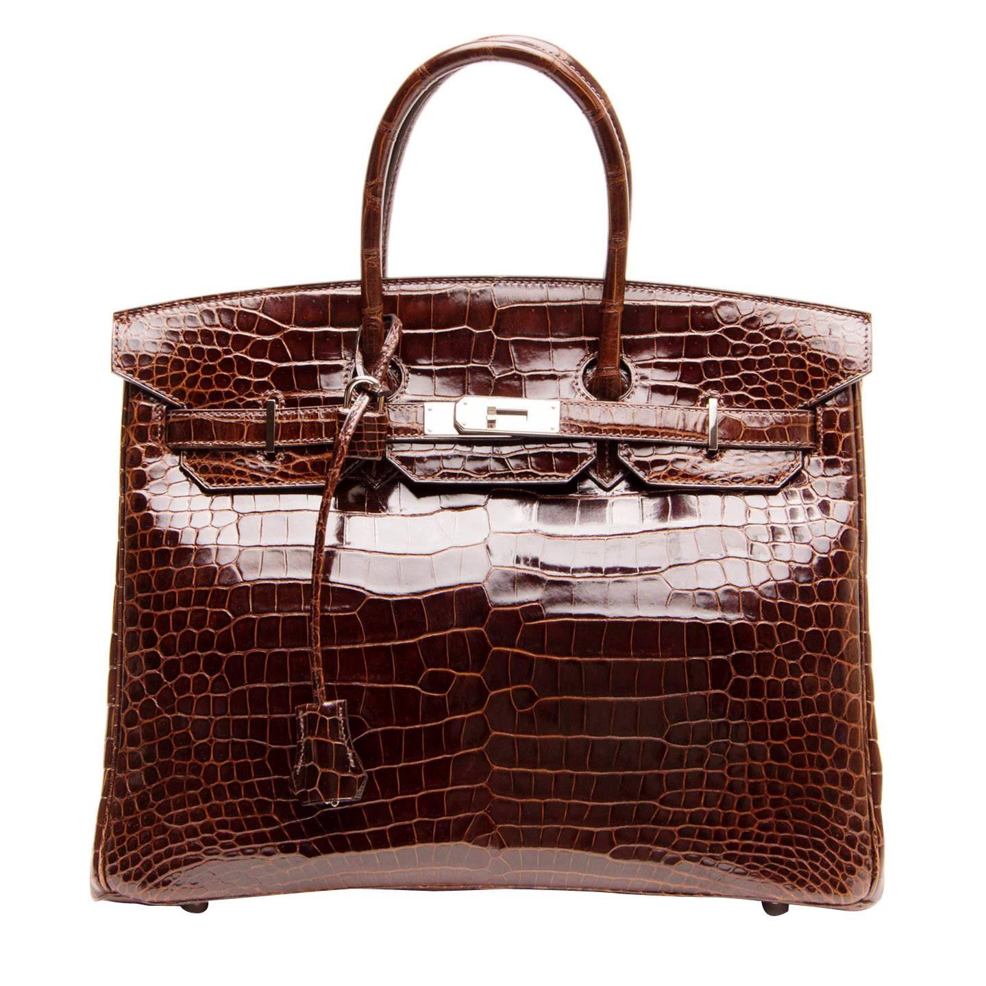 Hermès Birkin Chocolate Brown Porosus Crocodile Bag 35cm w/ Palladium Hardware For Sale