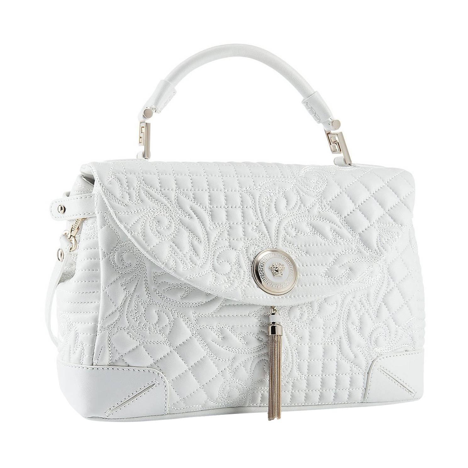VERSACE White Leather Barocco Embroidered Altea Vanitas Bag