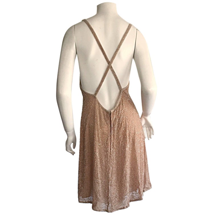 New Vintage Calvin Klein 1990s Size 10 Champagne Glass Beaded Dress Rt