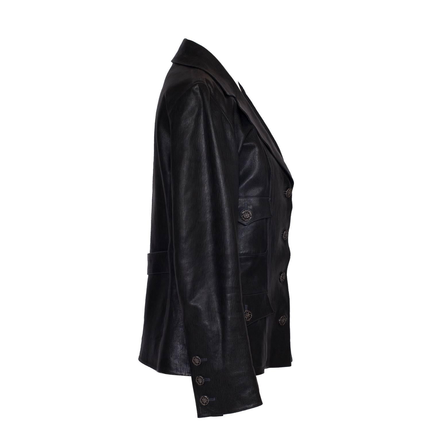 Classic Chanel black jacket in lam skin leather with silk lining.
Made in France.
Shoulder to shoulder - 38cm
Length from center back neck point to hem -  56.5cm
Sleeve - 57cm