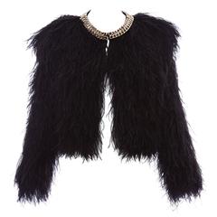 Givenchy Black Ostrich Feather Jacket With Gold Chain Trim Collar