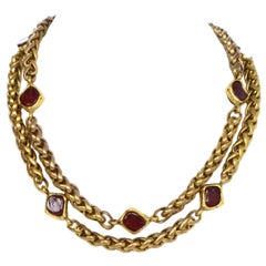 CHANEL Vintage '70s Double Chain Link & Red Gripoix Choker Necklace