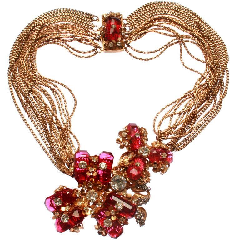 Miriam Haskell Multi Strand Necklace with Faceted Glass Flowers