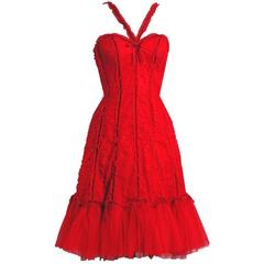 1990's Beville Sassoon Ruby-Red Sequin Ruched Tulle Fishtail Cocktail Dress